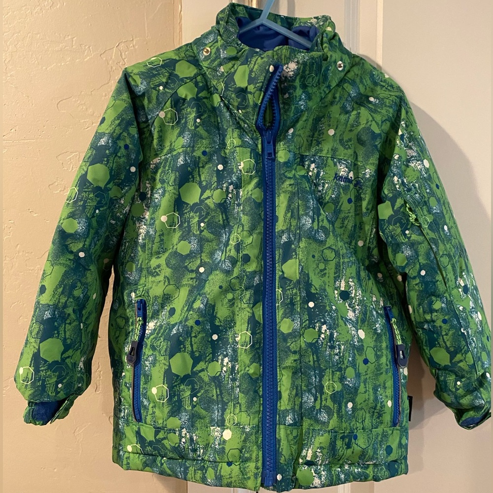 Kamik ski/snow jacket, green and blue, size 4 boys